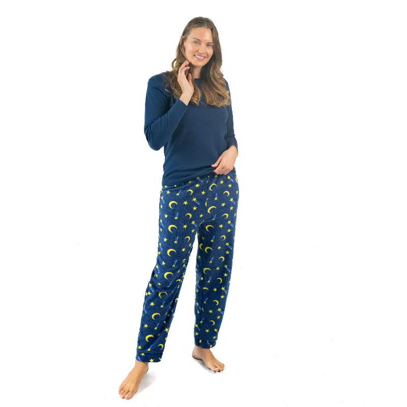 Cozy women's pajamas for a good night's sleep-Womens Cotton Top and Fleece Pant Pajamas Moon Cozy women's pajamas for a good night's sleep-Womens Cotton Top and Fleece Pant Pajamas Moon