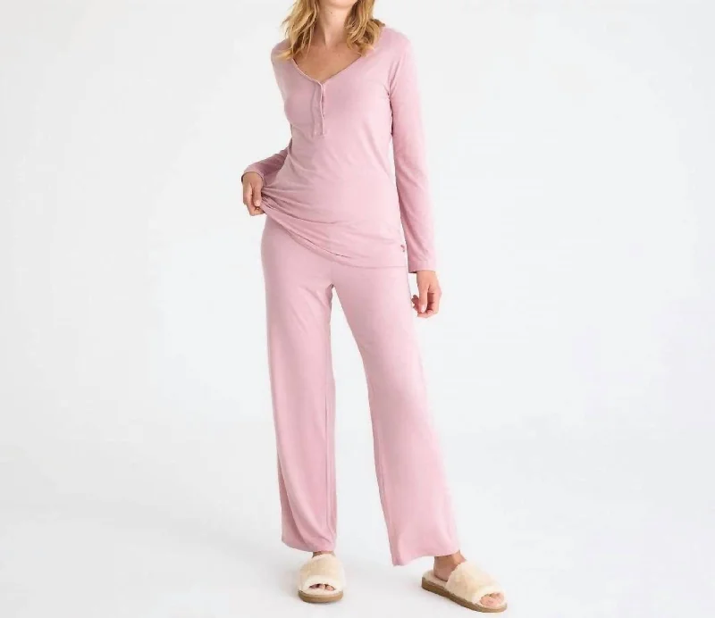 Women's pajamas with breathable material-Women's Long Sleeve Nursing Pj In Desert Pink