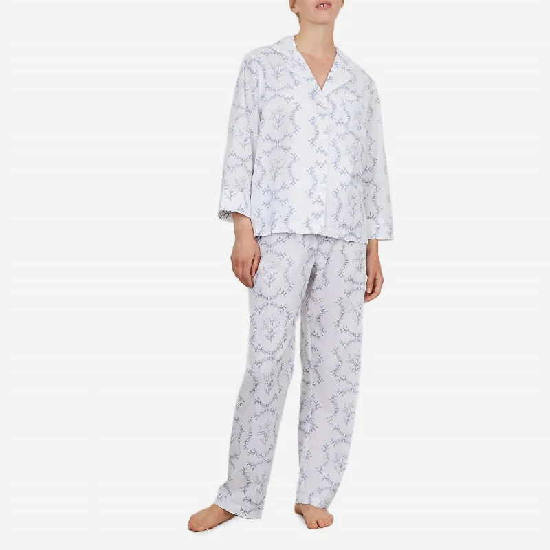 Women's pajamas with delicate embroidery-Women's Printed Long Pj Set In Blue Vine
