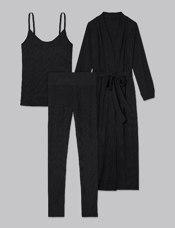 Soft satin pajamas set for women-Women's Waffle Lounge Tank, Legging & Robe Set
