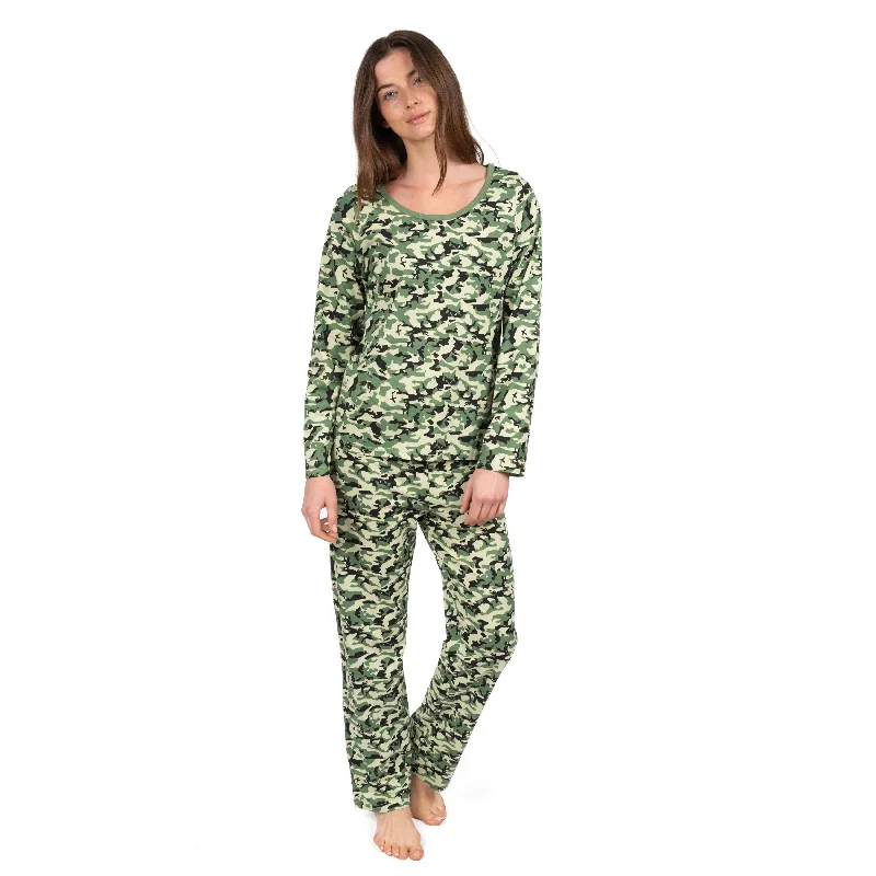 Women's pajamas with buttons for easy wear-Womens Two Piece Cotton Loose Fit Pajamas Camouflage Women's pajamas with buttons for easy wear-Womens Two Piece Cotton Loose Fit Pajamas Camouflage