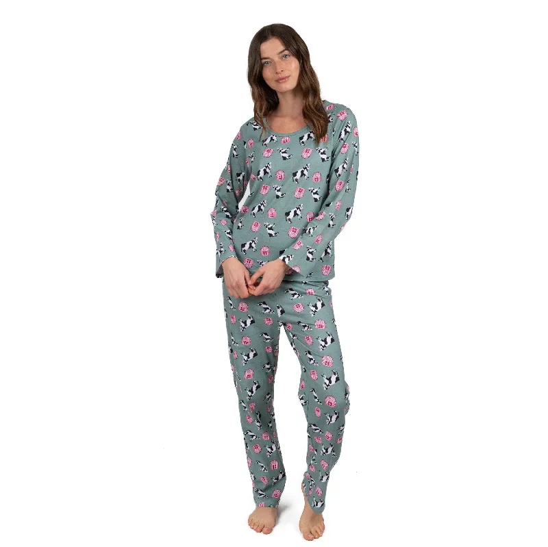 Women's pajamas set for relaxing at home-Womens Two Piece Cotton Loose Fit Pajamas Cow Green