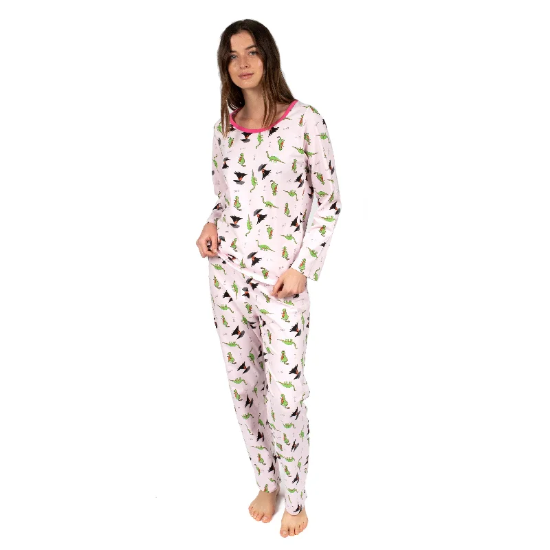 Women's pajamas with warm fleece fabric-Womens Two Piece Cotton Loose Fit Pajamas Dinosaur Pink