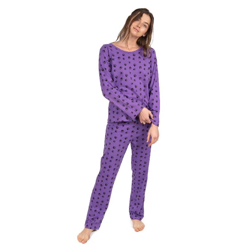 Comfortable women's pajamas with full sleeves-Womens Two Piece Cotton Loose Fit Pajamas Dog Paw Purple Comfortable women's pajamas with full sleeves-Womens Two Piece Cotton Loose Fit Pajamas Dog Paw Purple