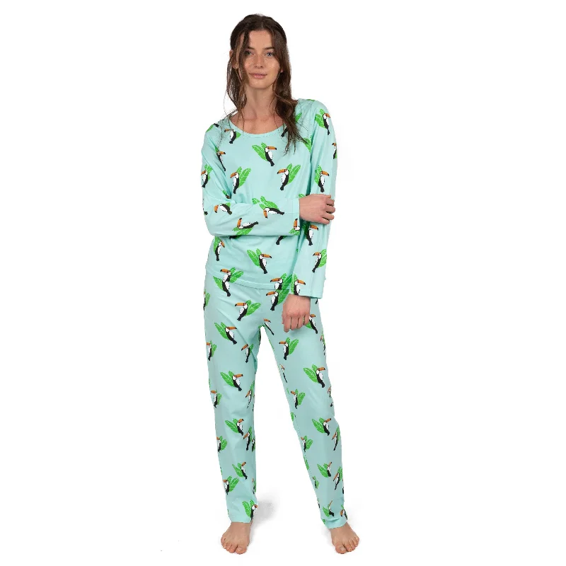 Women's pajamas with delicate embroidery-Womens Two Piece Cotton Loose Fit Pajamas Toucan Bird Women's pajamas with delicate embroidery-Womens Two Piece Cotton Loose Fit Pajamas Toucan Bird