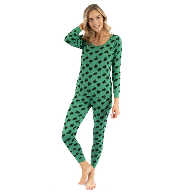 Stylish pajamas set with button-down top-Womens Two Piece Cotton Pajamas Bunny Green