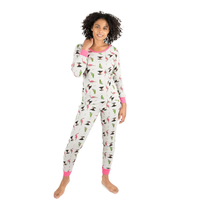 Comfortable women's pajamas with soft touch-Womens Two Piece Cotton Pajamas Dinosaur Gray Comfortable women's pajamas with soft touch-Womens Two Piece Cotton Pajamas Dinosaur Gray