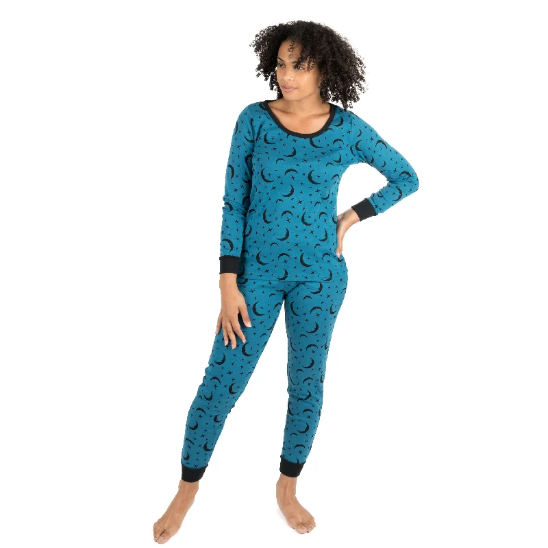Women's pajamas with snug fit-Womens Two Piece Cotton Pajamas Moon