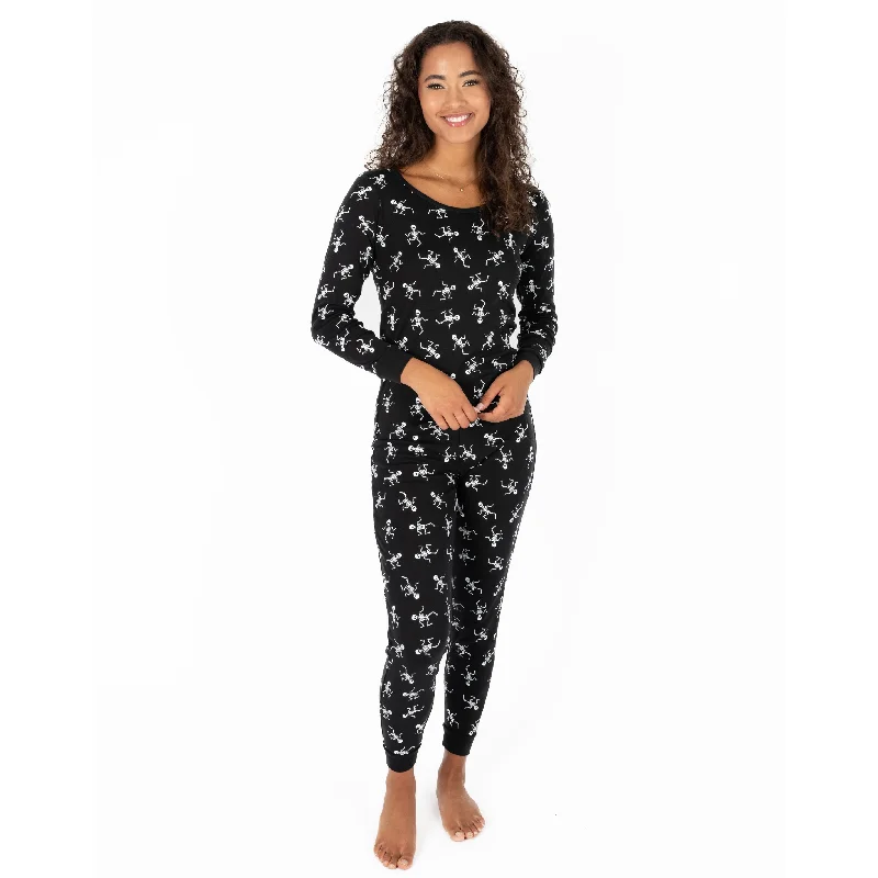 Women's pajamas for ultimate comfort-Womens Two Piece Cotton Pajamas Skeleton Black