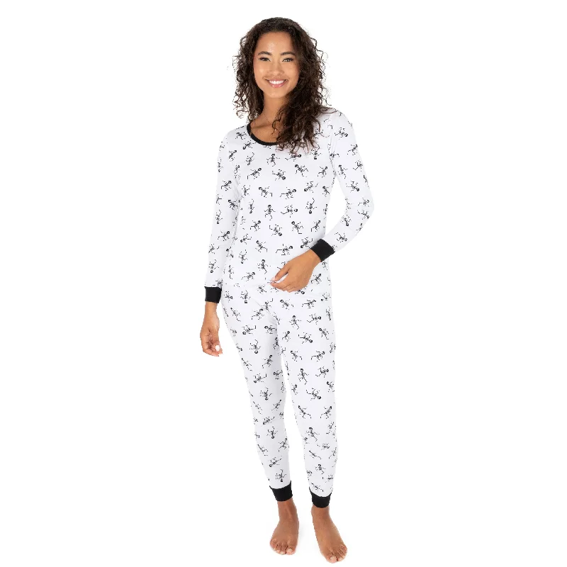 Comfortable pajamas for women with short sleeves-Womens Two Piece Cotton Pajamas Skeleton White