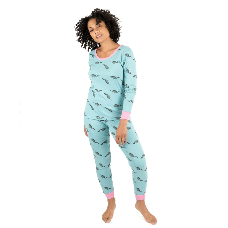 Women's pajamas with warm fabric-Womens Two Piece Cotton Pajamas Whale
