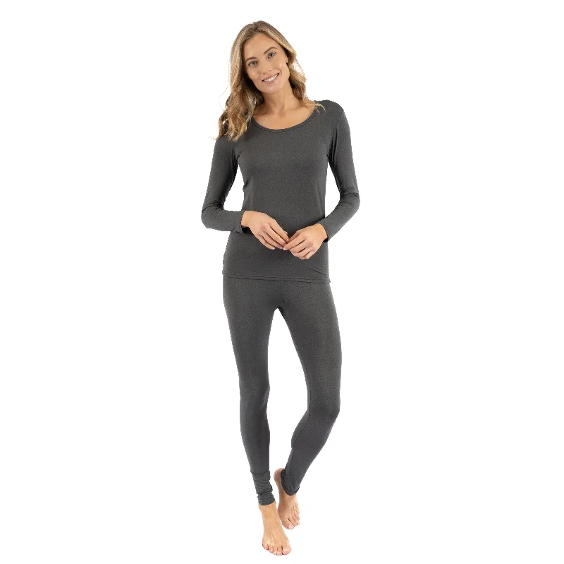 Women's pajamas with soft fleece material-Womens Two Piece Neutral Solid Thermal Pajamas