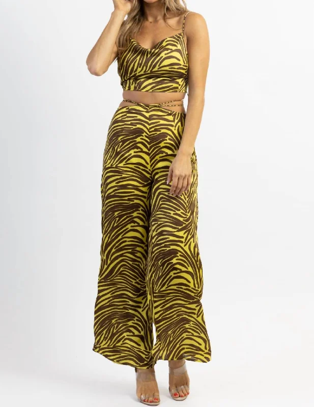 Women's pajamas for comfort and relaxation-Zebra Wide Leg Pant Set In Lime + Brown
