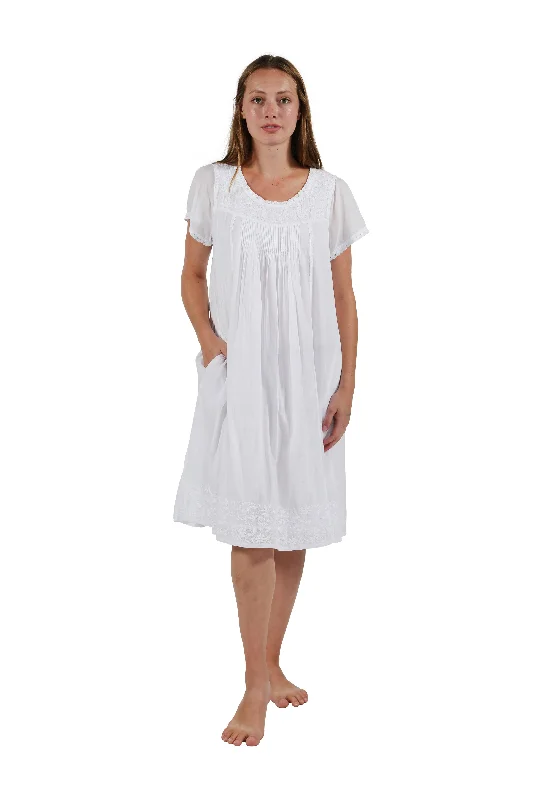 arthritis-friendly camisoles easy buttons-Cap Sleeve 100% Cotton White Embroidered Chemise
