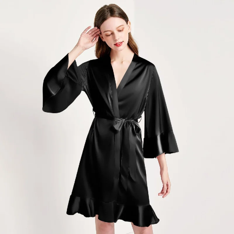 Soft women's robe sets with chic design-Solid Color For Women 100% Pure Silk Bathrobe With Belt Soft women's robe sets with chic design-Solid Color For Women 100% Pure Silk Bathrobe With Belt