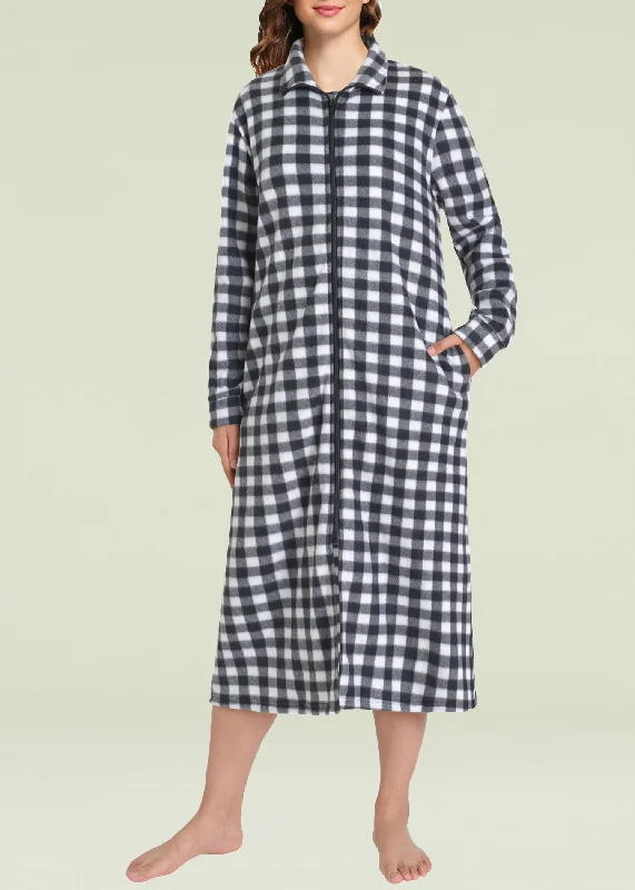 Elegant robe sets for women-Women's Fleece Zipper Robe Long Sleeves Bathrobe with Pockets