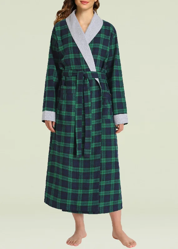 Women's robe sets for staying cozy-Women's Plaid Flannel Robe Long Cotton Bathrobe with Pockets