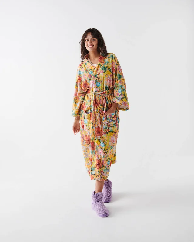 Warm women's robe sets for winter-Abundance Marigold Printed Terry Bath Robe