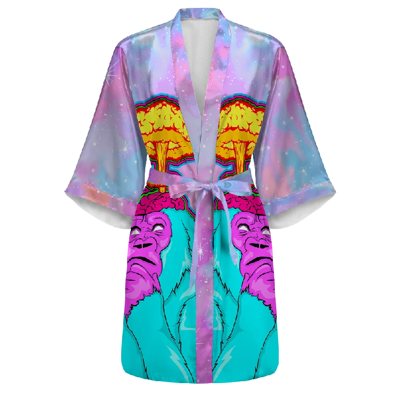 Women's robe sets for relaxing evenings-Awakened Ape All Over Print Women's Satin Kimono Robe Women's robe sets for relaxing evenings-Awakened Ape All Over Print Women's Satin Kimono Robe