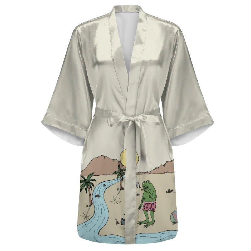 Women's robe sets with elegant finishes-Beach Vibes All Over Print Women's Satin Kimono Robe Women's robe sets with elegant finishes-Beach Vibes All Over Print Women's Satin Kimono Robe