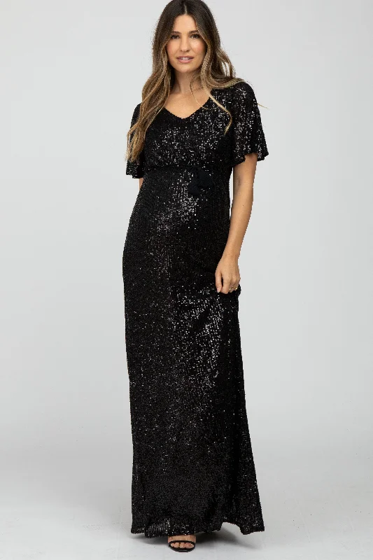 Women's robe sets for spa retreat-Black Sequin Short Sleeve Maternity Maxi Dress
