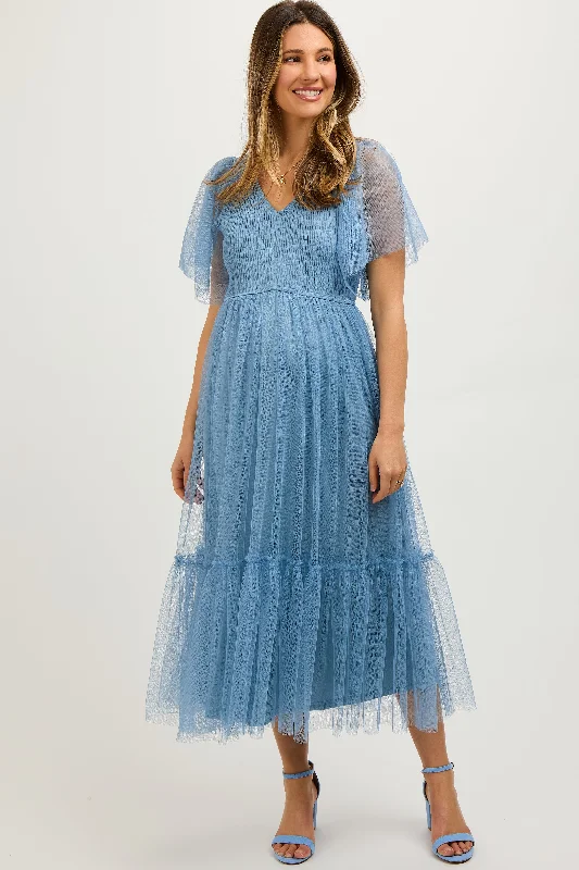 Comfortable women's robe sets for relaxing at home-Blue Dotted Tulle Smocked Maternity Midi Dress