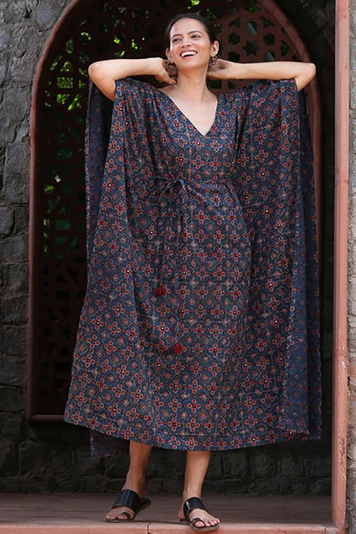 Women's robe sets with elegant embroidery-Okhai 'Blue Sky' Pure Cotton Handblock Printed Ajrakh Mirror Work Kaftan Women's robe sets with elegant embroidery-Okhai 'Blue Sky' Pure Cotton Handblock Printed Ajrakh Mirror Work Kaftan