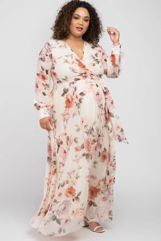 Women's robe sets for indoor comfort-Cream Floral Chiffon Long Sleeve Pleated Maternity Maxi Dress