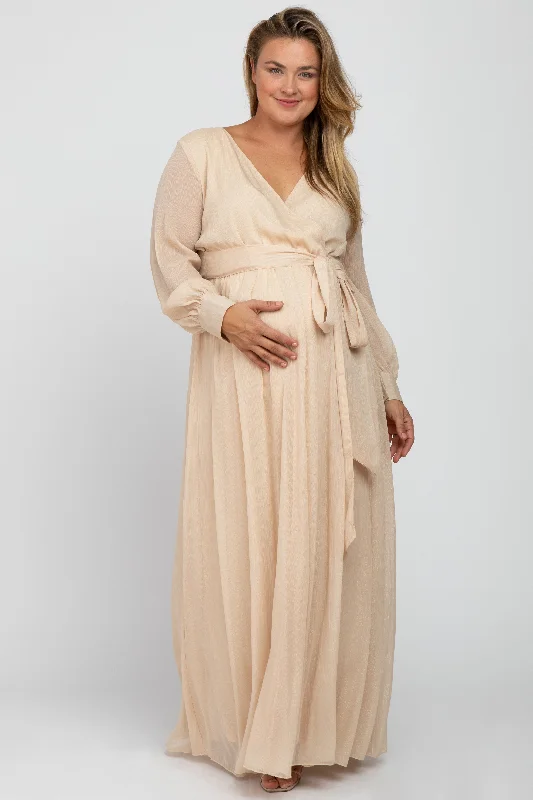 Women's robe sets with delicate lace detail-Cream Metallic Chiffon Maternity Plus Maxi Dress