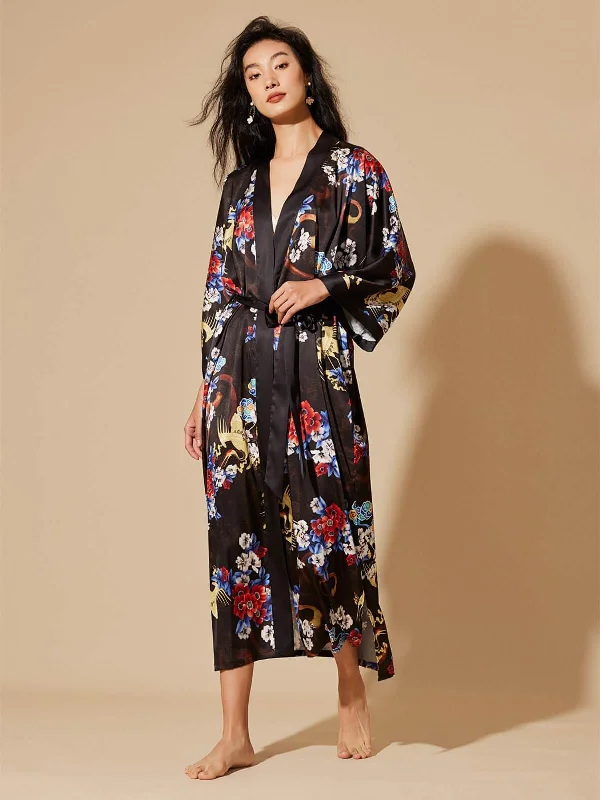 Cozy robe sets for women with matching slippers-Dragon Floral Kimono Robe
