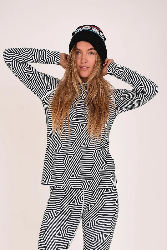 Women's robe sets for after shower wear-Fall Line Black & White Womens Baselayer Top Women's robe sets for after shower wear-Fall Line Black & White Womens Baselayer Top