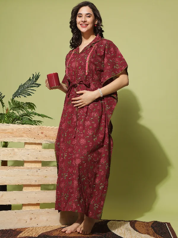 Women's robe sets for bedtime comfort-Fashionable and Functional: Maroon Floral Dress for Nursing Moms Women's robe sets for bedtime comfort-Fashionable and Functional: Maroon Floral Dress for Nursing Moms