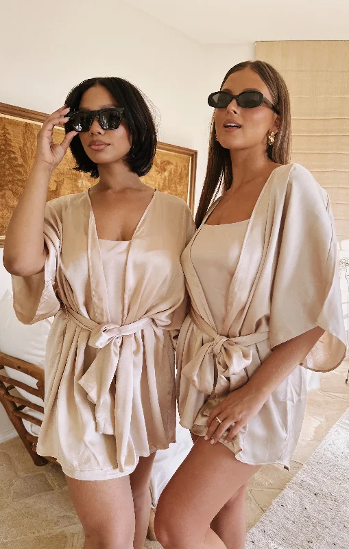 Women's robe sets for lounging-First Look Robe ~ Champagne Luxe Satin