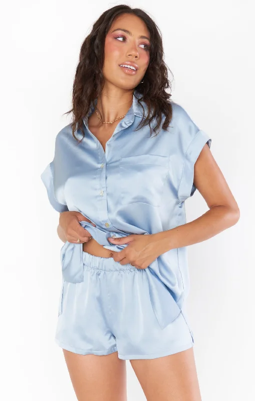 Plush women's robe sets for extra warmth-Glam Time Shorts ~ Steel Blue Luxe Satin