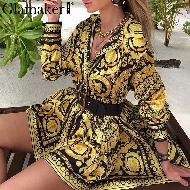 Women's robe sets with silky finish-Glamaker Sexy paisley vintage print gold dress Women v neck short blouse dress autumn elegant party club dress large size robe Women's robe sets with silky finish-Glamaker Sexy paisley vintage print gold dress Women v neck short blouse dress autumn elegant party club dress large size robe