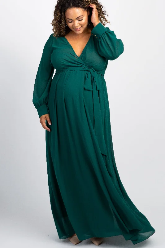 Elegant robe sets with silky satin fabric-Green Chiffon Long Sleeve Pleated Plus Maternity Maxi Dress Elegant robe sets with silky satin fabric-Green Chiffon Long Sleeve Pleated Plus Maternity Maxi Dress