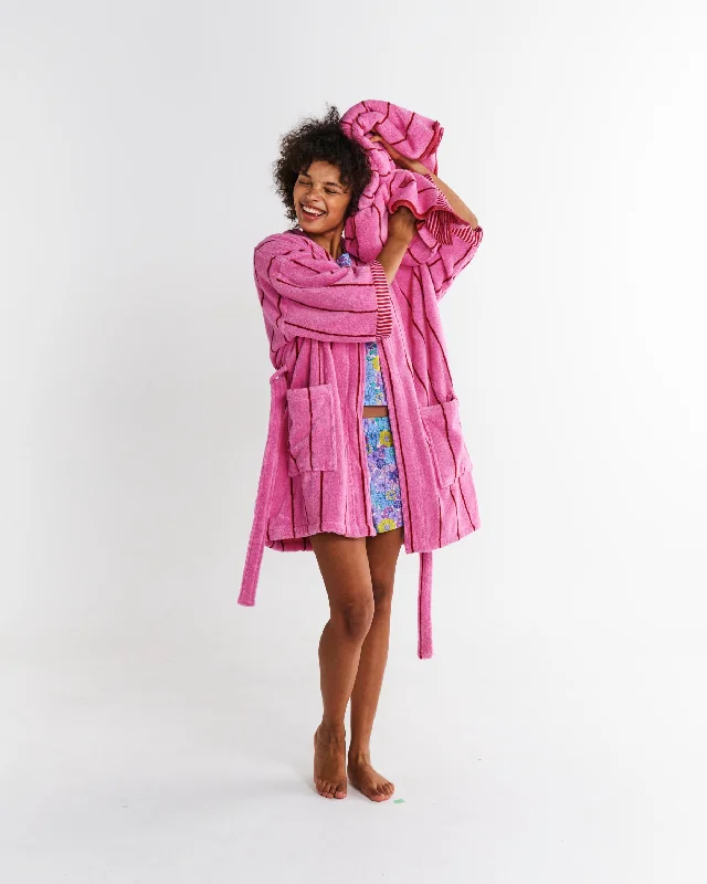 Comfortable robe sets for women with belt and sleeves-Iced Vovo Stripe Terry Mini Bath Robe