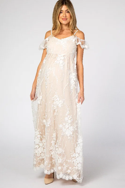 Stylish robe sets for women with pockets-Ivory Floral Embroidered Mesh Maternity Evening Gown Stylish robe sets for women with pockets-Ivory Floral Embroidered Mesh Maternity Evening Gown