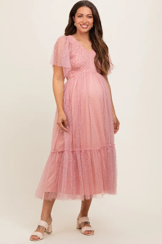 Women's robe sets with elegant embroidery-Mauve Dotted Tulle Smocked Maternity Midi Dress