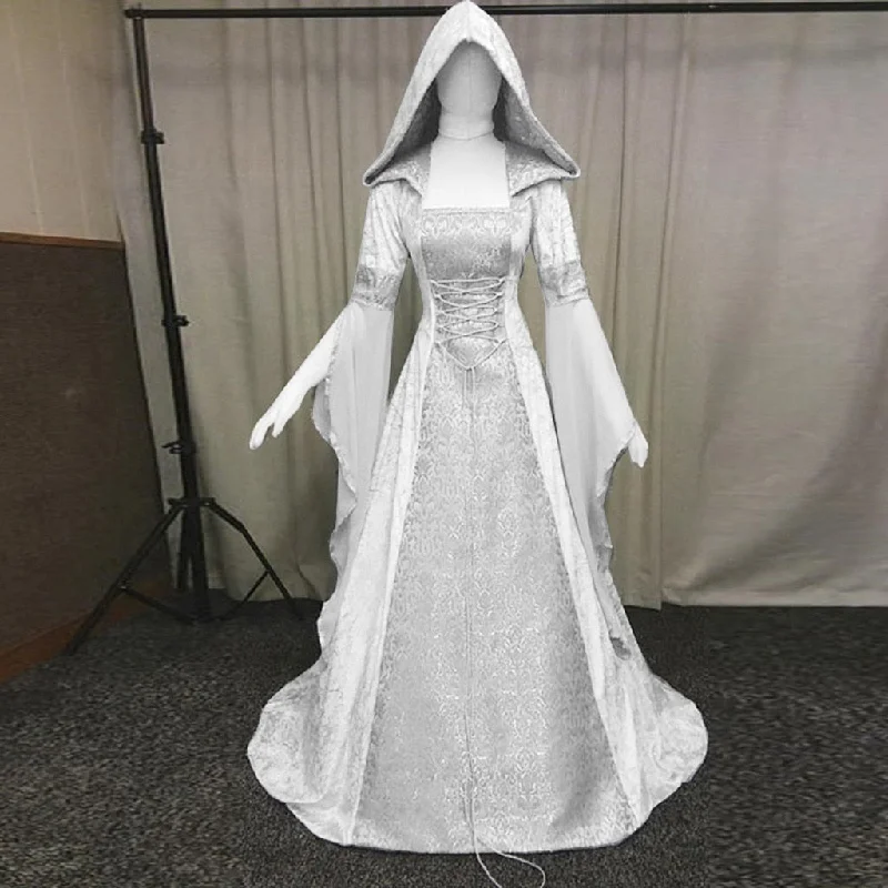 Women's robe sets with elegant finishes-Medieval Renaissance Maxi Train Dress Adult Women Halloween Devil Pagan Witch Wedding Costume Hooded Gown Robe For Ladies #BL4