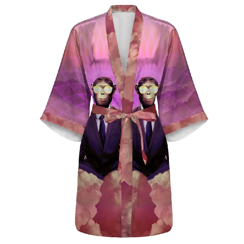 Soft women's robe sets for bedtime-Meditating Ape All Over Print Women's Satin Kimono Robe Soft women's robe sets for bedtime-Meditating Ape All Over Print Women's Satin Kimono Robe