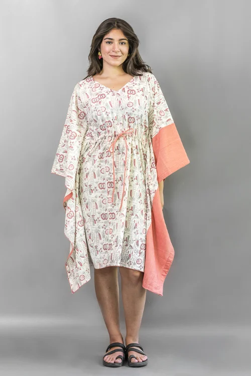 Women's robe sets with elegant designs-Moralfibre Natural Peach Floral Printed Kaftan Dress