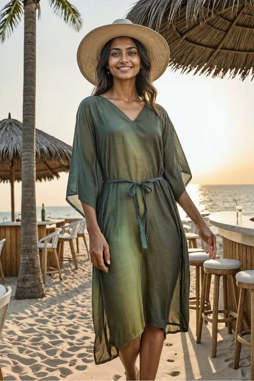 Women's robe sets for post-bath wear-Okhai 'Daphne' Muslin Modal Ombre Kaftan Dress