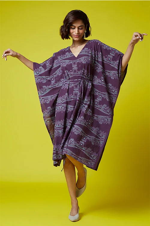 Women's robe sets for bedtime comfort-Okhai 'Heritage' Pure Cotton Hand Block Printed Mirror Work Kaftan Women's robe sets for bedtime comfort-Okhai 'Heritage' Pure Cotton Hand Block Printed Mirror Work Kaftan
