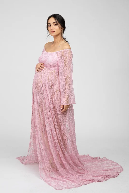 Women's robe sets with delicate satin texture-Pink Lace Off Shoulder Maternity Photoshoot Gown/Dress Women's robe sets with delicate satin texture-Pink Lace Off Shoulder Maternity Photoshoot Gown/Dress