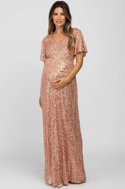 Women's robe sets with sophisticated design-Pink Sequin Short Sleeve Maternity Maxi Dress