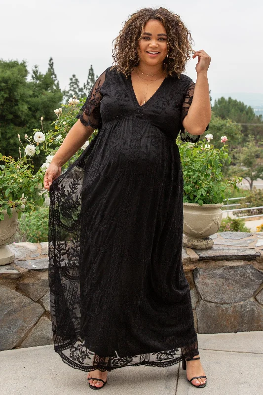 Women's robe sets with floral design-PinkBlush Black Lace Mesh Overlay Maternity Plus Maxi Dress Women's robe sets with floral design-PinkBlush Black Lace Mesh Overlay Maternity Plus Maxi Dress
