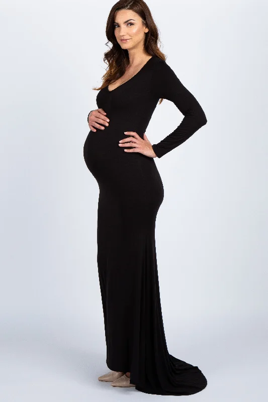 Elegant robe sets for women-PinkBlush Black Long Sleeve Photoshoot Maternity Gown/Dress
