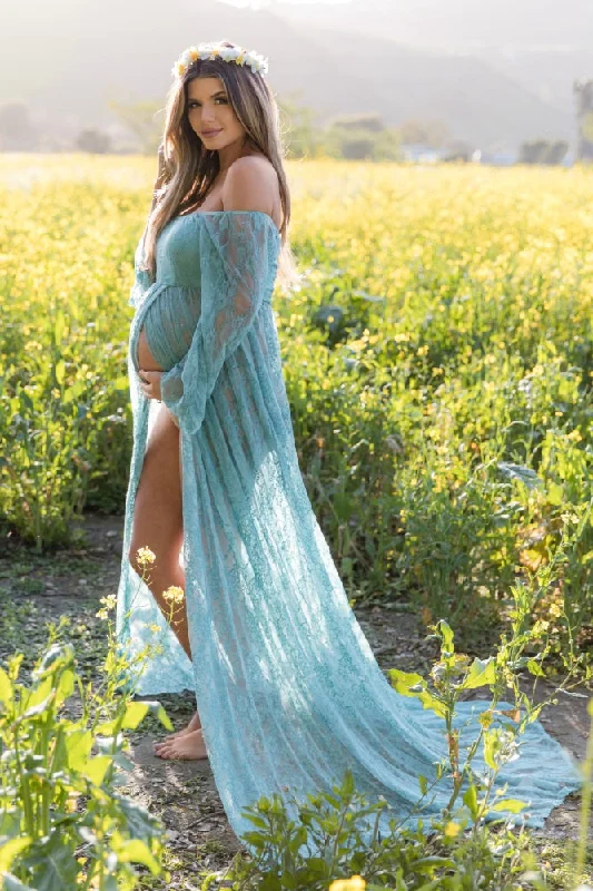Women's robe sets with matching sleepwear-PinkBlush Blue Lace Off Shoulder Maternity Photoshoot Gown/Dress Women's robe sets with matching sleepwear-PinkBlush Blue Lace Off Shoulder Maternity Photoshoot Gown/Dress