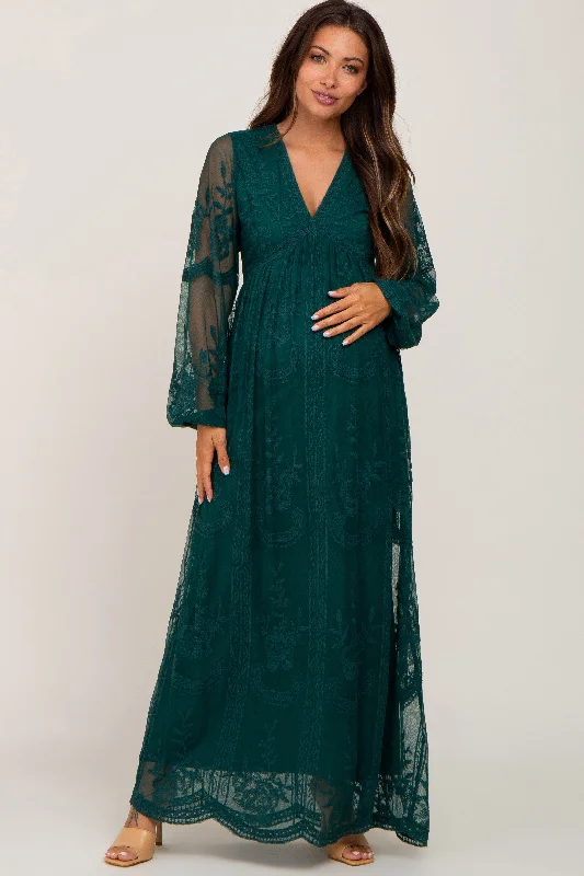 Women's robe sets with relaxed fit-PinkBlush Forest Green Lace Mesh Overlay Long Sleeve Maternity Maxi Dress